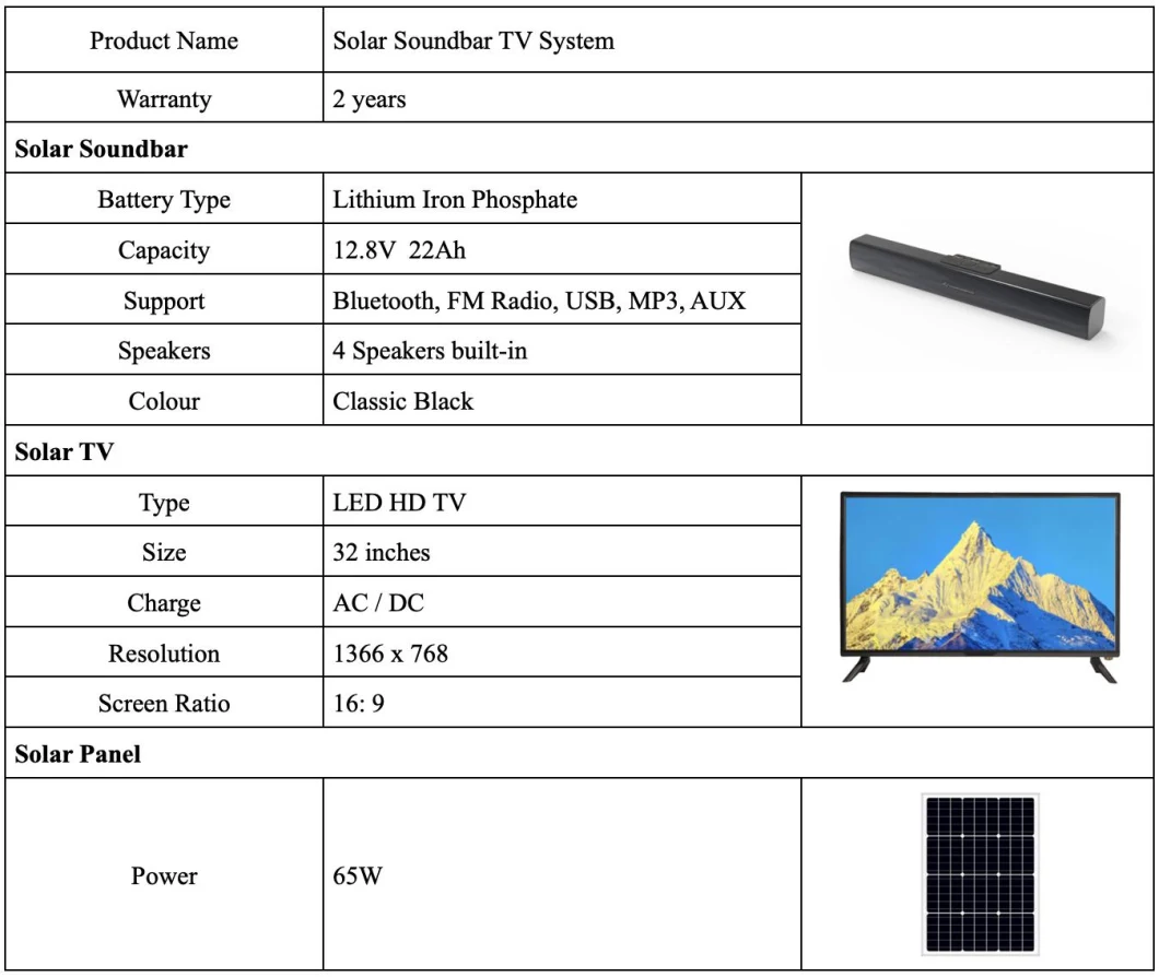 OEM Factory Solar Soundbar TV System with Multifonctions Sound-Bar Support Bluetooth, TF Card, FM Radio, USB, Aux Mini Solar Generator+Low Energy Consumption TV